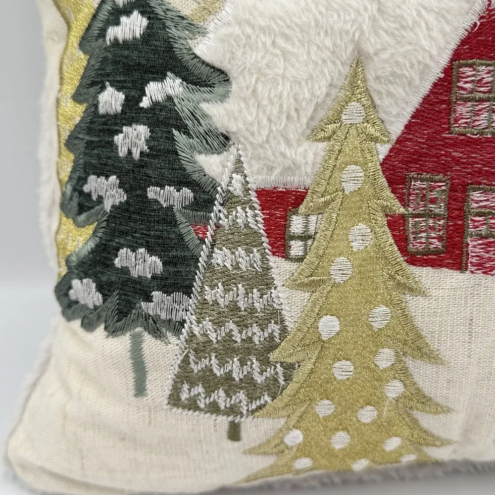 Celerie Kemble Winter Village Christmas Pillow 15x15 Embroidered‎ Trees House